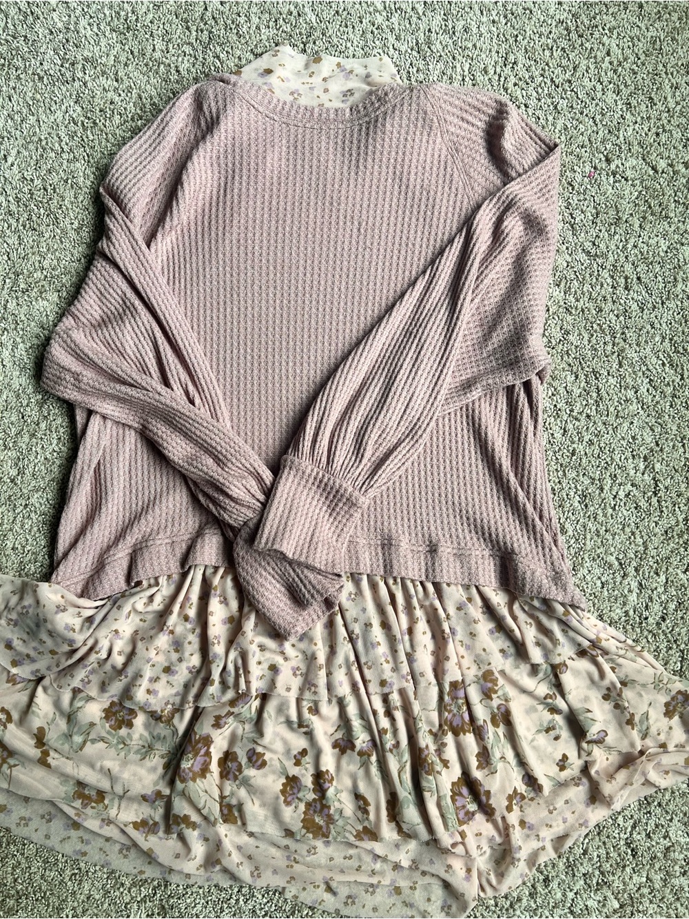 Free People Mauve Ribbed Long Sleeve Top with Floral Hem